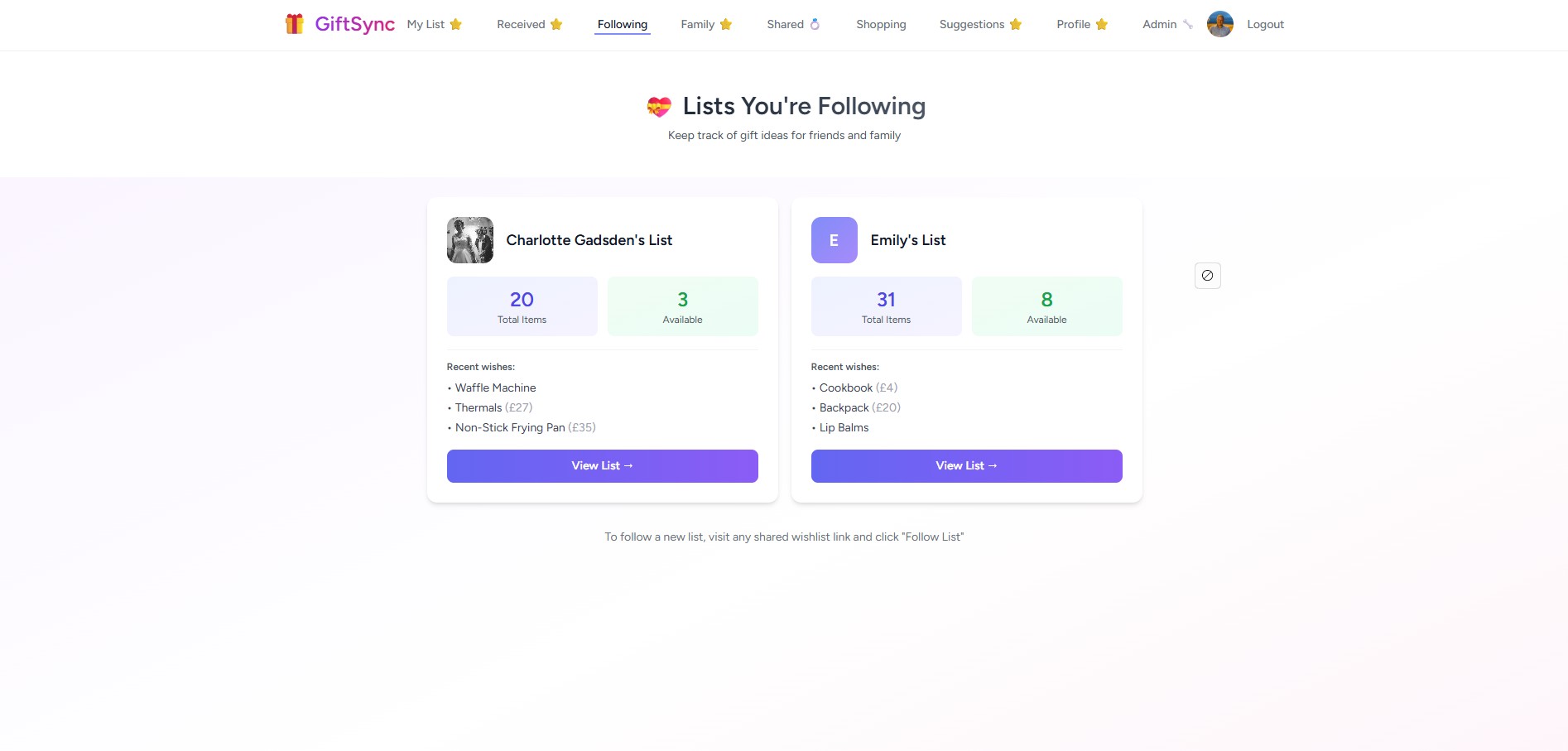 GiftSync — family dashboard