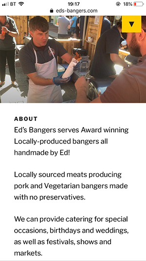 Ed's Bangers About Us - desktop (screenshot)